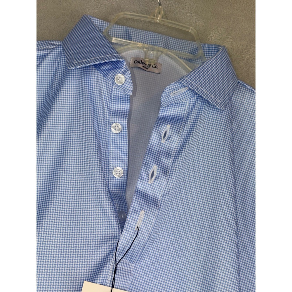 Collars & Co Mens Dress Polo Shirt Blue Houndstooth Performance‎ Medium NWT